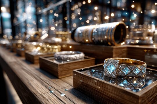 Luxury Jewelry Displayed on Wooden Trays in Soft Lighting