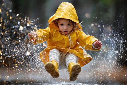 Child in yellow raincoat splashing in puddle on a rainy day in the park