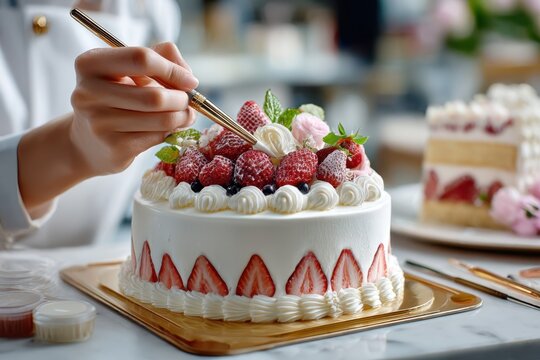 Pastry chef decorating strawberry cake with cream