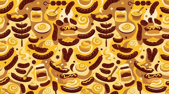 Grilled bratwurst and mustard seamless pattern background