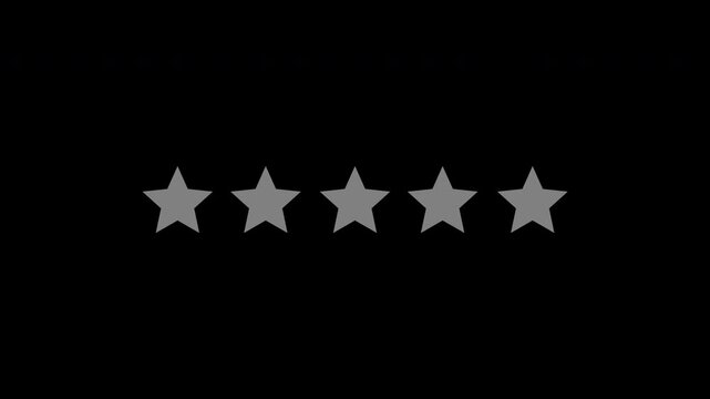 Five star rating animation featuring grey stars appearing and turning gold one by one on a black background for customer review and feedback overlays with alpha channel compatibility
