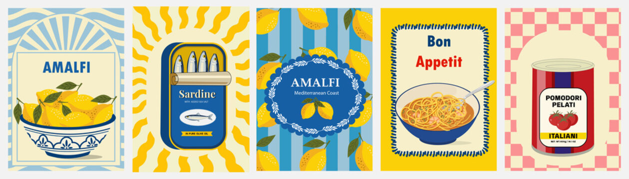 Amalfi coast Italian food poster set with lemons, sardine tin and pasta illustrations, Mediterranean kitchen print collection for cafe menu, packaging and wall art design