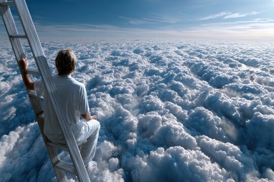 Person sitting on ladder above clouds in a serene sky at daytime