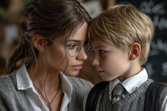 Family bond captured during a tender moment between a mother and son in a cozy setting