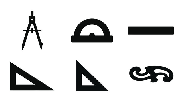 Geometry and drafting tool illustration featuring compasses, rulers, triangles, and protractors symbolizing measurement, precision, and architectural design