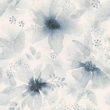 Seamless Blue Monochrome Watercolor Floral Pattern