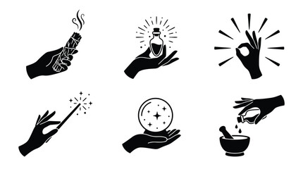 Mystical hand silhouette illustration featuring magic wands, potions, crystals, and gestures symbolizing energy, healing, and spiritual enchantment design © Ali