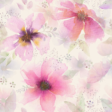 Seamless Soft Watercolor Pink Floral Garden Pattern