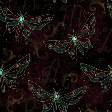 Seamless Luxury Emerald Butterfly Pattern with Art Nouveau Ornament