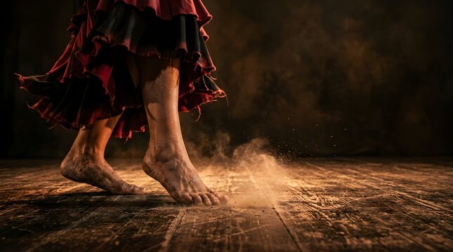 Barefoot flamenco dancer performing on wooden floor with dust particles