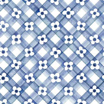 Seamless Watercolor Blue Trellis Geometric Pattern