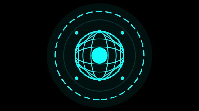 Glowing cyan futuristic digital globe interface HUD element motion graphic 4K 60fps tech wireframe planetary data visualization on dark background