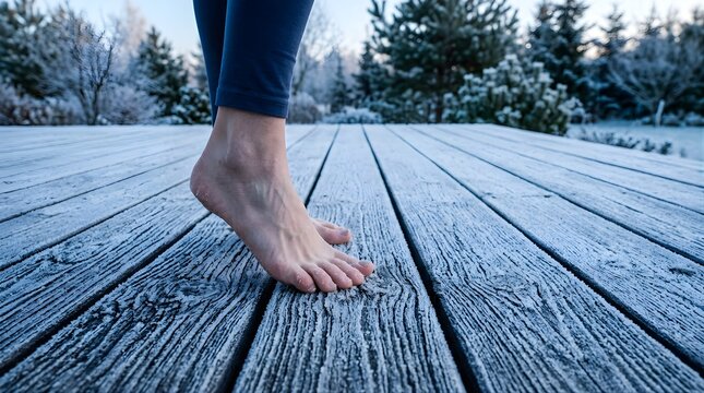 Barefoot woman standing on a frozen wooden deck during a cold winter morning