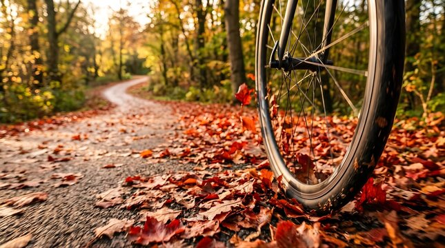 Bicycle wheel on a forest path covered in autumn leaves at golden hour