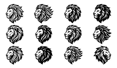 Black and white lion head vector logo collection with artistic profile and detailed mane © Liton