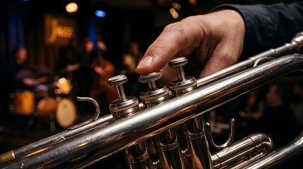 Fototapeta premium Close up of a musician hand playing a trumpet on stage in a jazz club