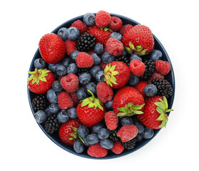 Fototapeta na wymiar Fresh juicy berries in bowl isolated on white, top view