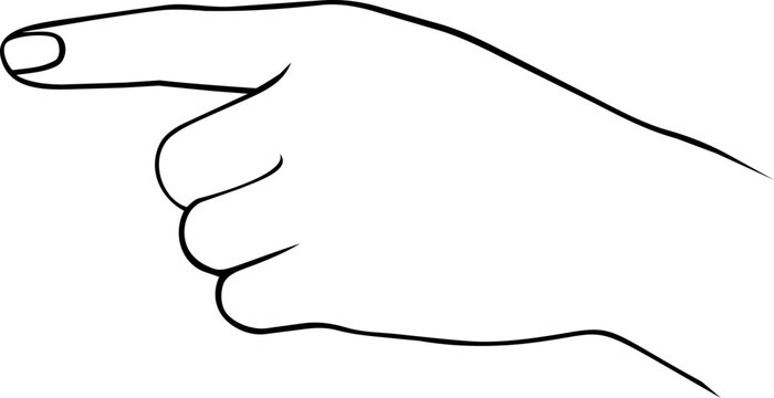 A hand points to the left in a simple line drawing. Vector illustration