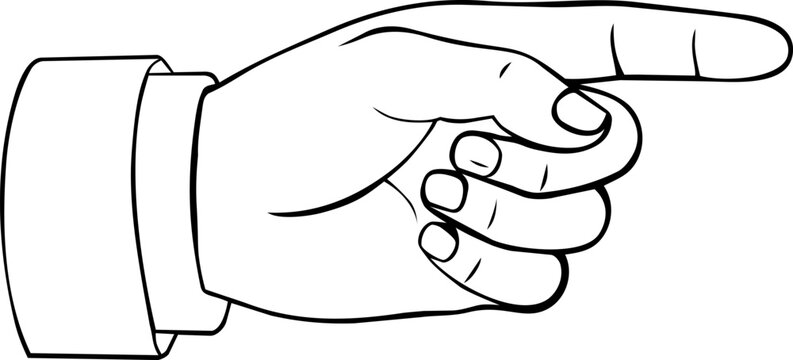 A hand wearing a sleeve points forward with the index finger. Vector illustration