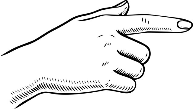 A hand with index finger pointing to the right in a line drawing. Vector illustration