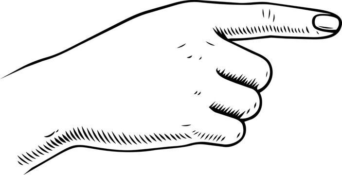 A hand points to the right with an extended index finger. Vector illustration