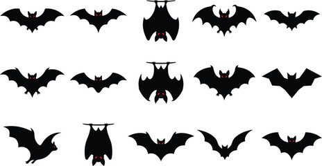 Fototapeta premium Black bat silhouettes in various flying poses and hanging styles