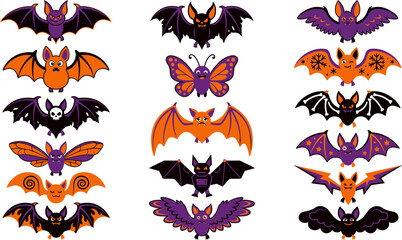Obraz premium Halloween Bat Vector Collection with Diverse Flying Bat Illustrations for Spooky Decorations, Party Themes and October Celebrations
