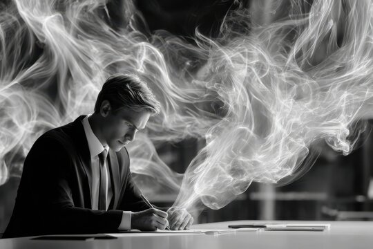 Businessman is immersed in creativity while writing in a smoky, ethereal atmosphere