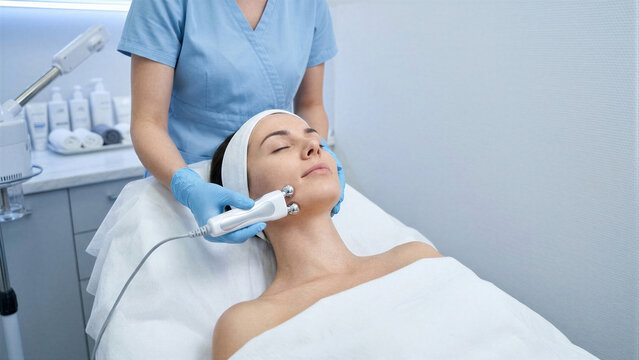 Cosmetologist performing facial microcurrent therapy on woman client. Professional beauty clinic hardware treatment for skin rejuvenation and lifting. Innovative medical aesthetic procedure.