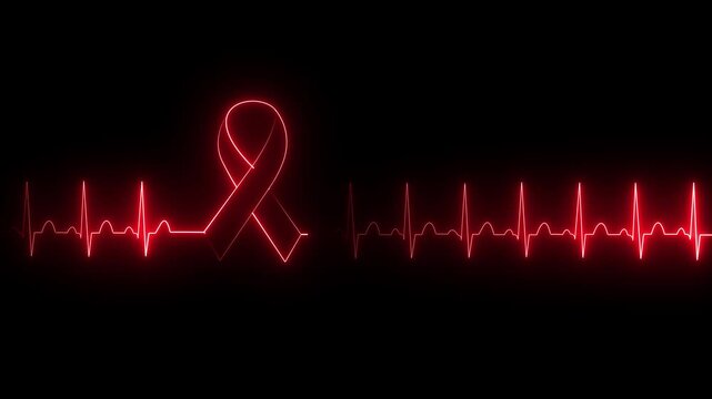 Red ribbon mental health awareness concept with glowing ECG heartbeat pulse line on dark 4k loop motion graphics.