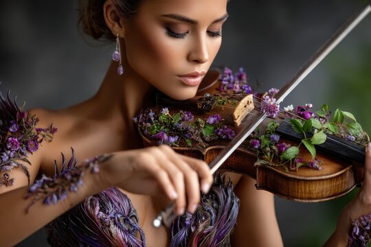 Elegant female musician plays violin adorned with flowers in a serene, nature-inspired setting