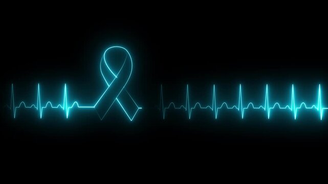 Cyan ribbon mental health awareness concept with glowing ECG heartbeat pulse line on dark 4k loop motion graphics.