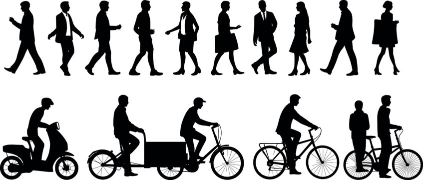 Black silhouettes of pedestrians walking and people riding bicycles and scooters isolated on white background for architectural rendering