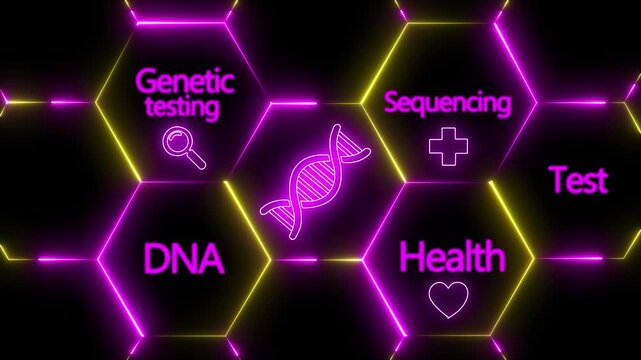 A medical a glowing DNA icon on a digital screen, surrounded by genetic and health-related terms like "Sequencing" and "Test." DNA genetic testing and sequencing hexagons on dark background..
