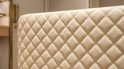 Obraz premium Close up of cream colored quilted leather texture with diamond pattern stitching on furniture warm lighting elegant interior design detail for luxury home decor
