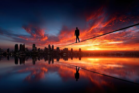 Tightrope walker balances on a line against a vibrant city sunset skyline with reflections