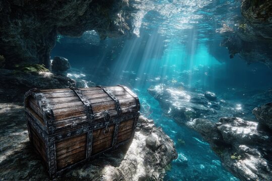 Sunken Treasure Chest in Underwater Cave