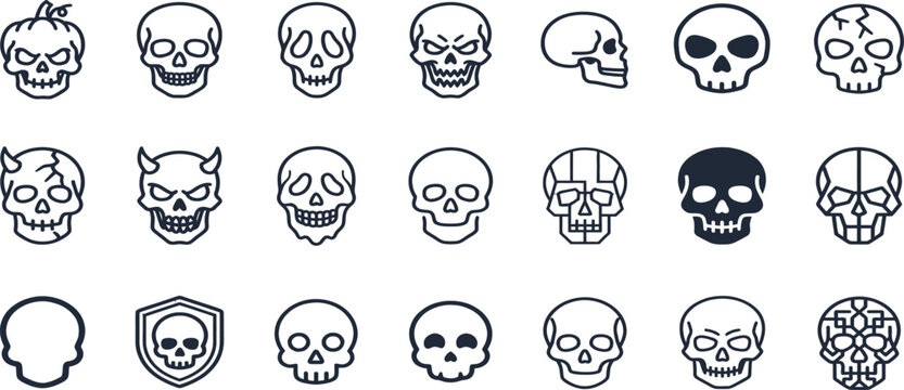 Halloween Skull Line Icon Set. Spooky Human Skeleton Outline Vector.