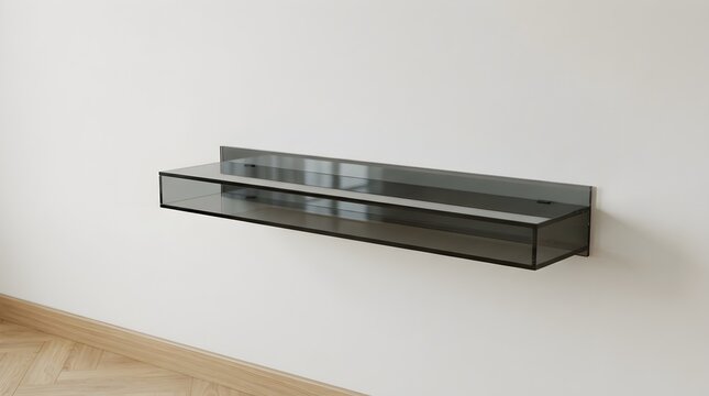 Modern black glass wall mounted display shelf with two clear glass shelves against white wall with light wood floor