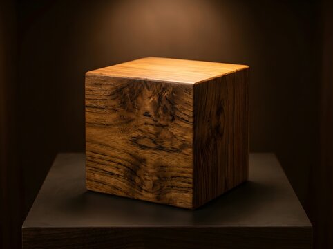 Natural wooden cube with detailed grain texture placed on a dark reflective surface illuminated by warm directional lighting creating shadows and depth ideal for rustic design and