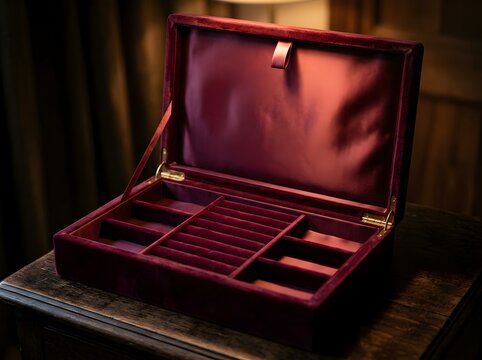 Open burgundy velvet jewelry box with multiple compartments and a soft interior placed on a dark wooden surface with warm lighting perfect for storing rings and small valuables