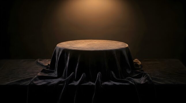 Round wooden table draped with elegant black fabric under warm spotlight dark background dramatic lighting minimalist decoration for events and product displays