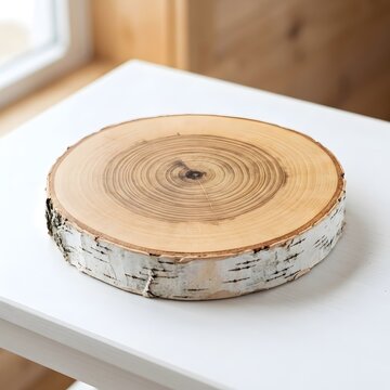 Round wooden tree stump cross section with visible growth rings and white birch bark on a white surface natural rustic texture ideal for home decor and nature themed projects