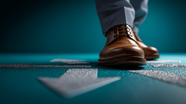 Business person walking forward on arrows pointing in different directions