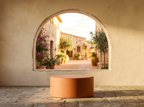 Wooden stool in front of an archway with a view of a Mediterranean courtyard filled with potted plants flowers and stone walls bathed in warm sunlight
