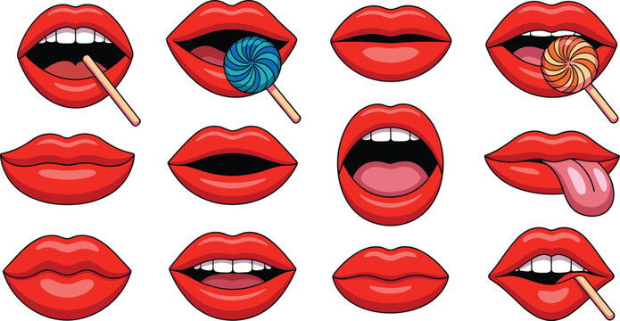 Red sexy lips vector illustration collection with expressive mouths biting lollipops isolated on white background