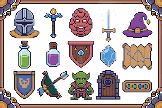 Fantasy rpg collection in pixel style featuring armor potions shield crystal map and goblin character for game