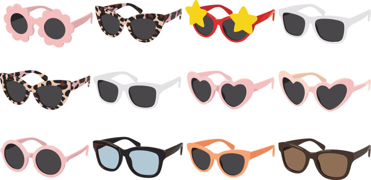 Trendy fashion sunglasses icon collection featuring cute star heart flower leopard print eyewear designs isolated on white background