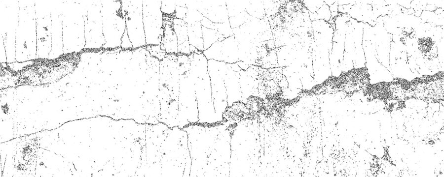 Old paint grunge texture, cracked wall surface with chipped plaster edges and distressed grain. Monochrome urban background, weathered overlay for poster, collage or print design. Vector illustration