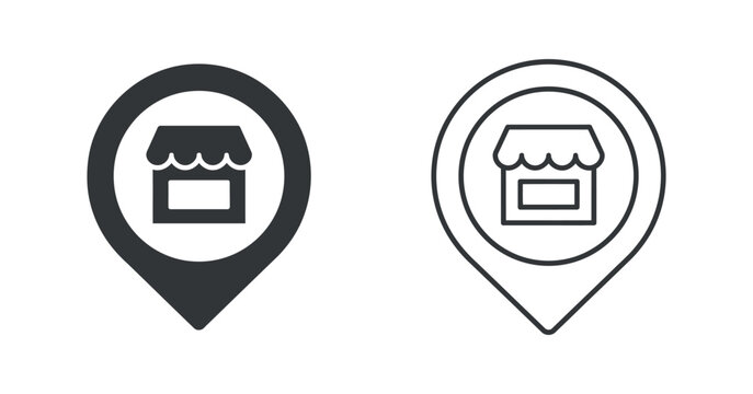 Store location icon with awning depiction flat two tone pictogram style shop retail storefront commerce